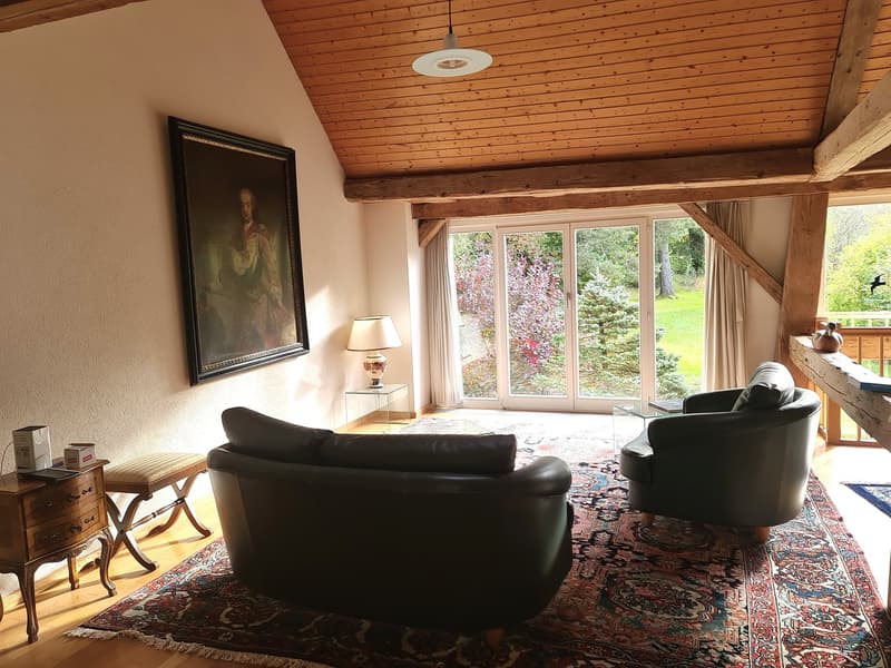 wood ceiling, hardwood floor, black leather sofa, glass armchair, oriental rug, artwork, side table, floor lamp, large glass doors, balcony with wooden railing, exterior green garden
