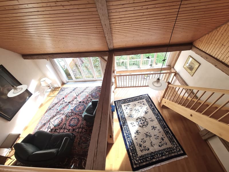 Wooden ceiling, carpet on the floor, large windows, a rug on the stairs, lamps