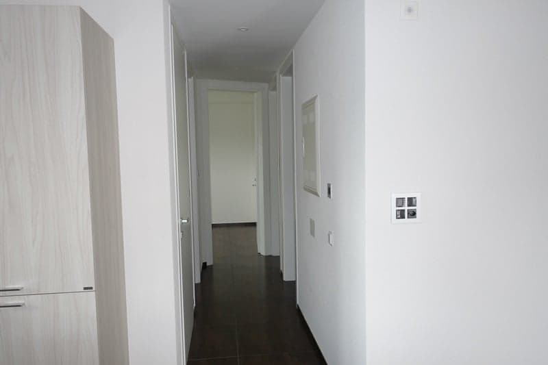 White walls, dark brown floor, open doors on each side, closet in left corner