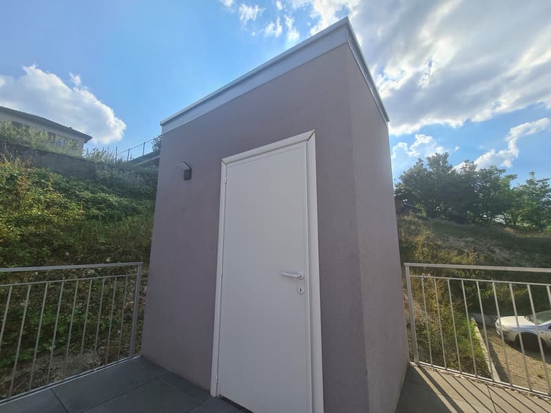 A small building with a white door, a metal railing, located on a balcony with a view of a grassy hill and a parked car.