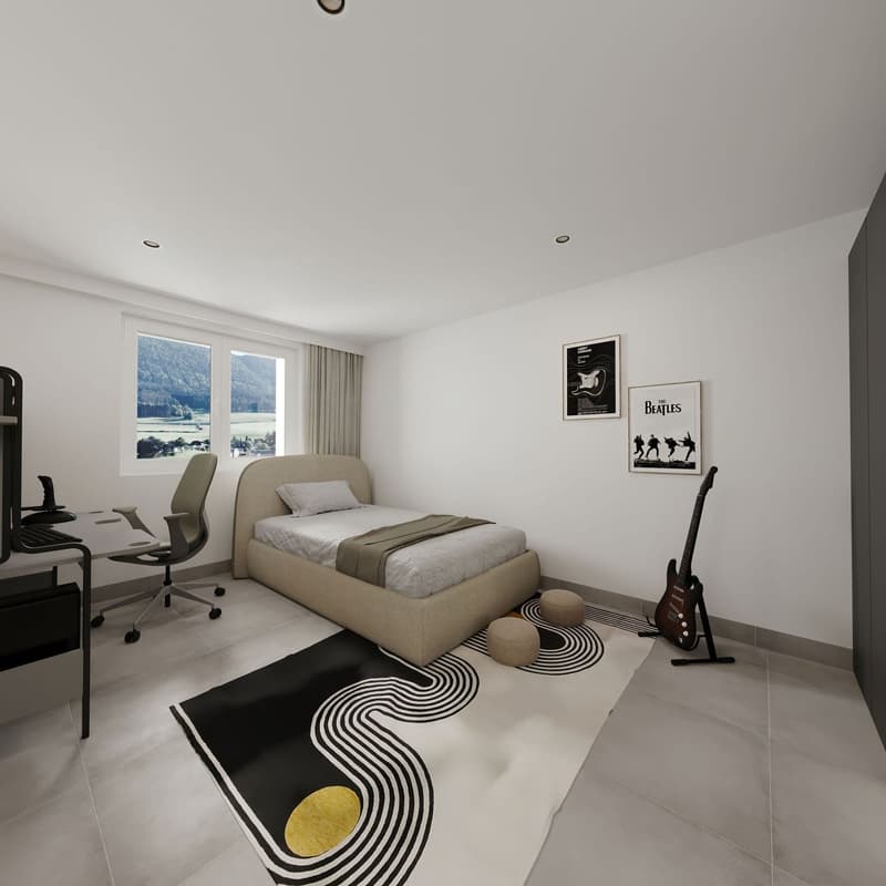 bedroom with bed, desk, chair, rug, guitar on stand, posters on wall, window