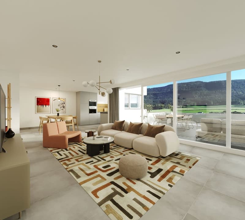 large windows, balcony, large open living room, beige modern sofa, round coffee table, carpet