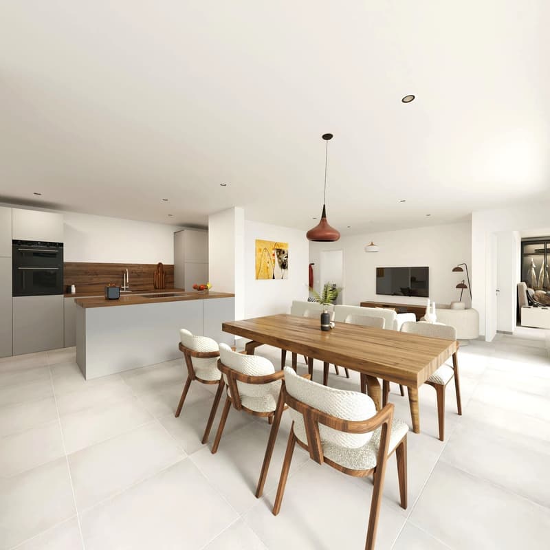 Dining area: Wooden dining table, white chairs, large windows, open to the kitchen, modern design