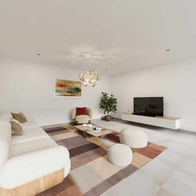 Contemporary white walls, white couch, wood floor, large rug, chair, TV, coffee table, plant, large windows