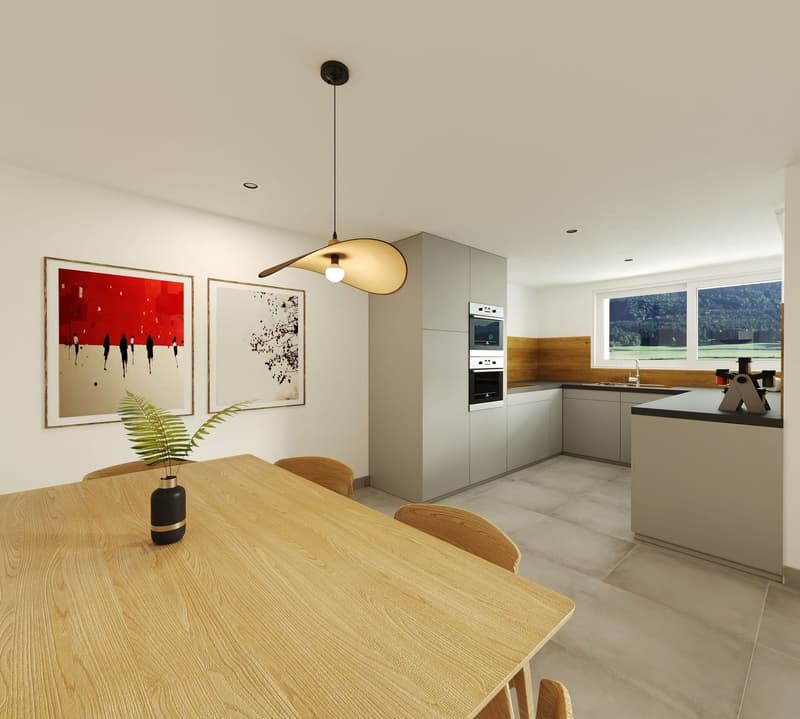 dining area with a wooden table, wooden chairs, kitchen with oven and sink, window with view, paintings on the wall