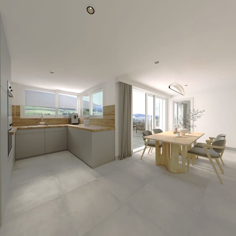 Open floor plan, kitchen with wooden counter, dining area with sliding glass doors to balcony, white tiled floor