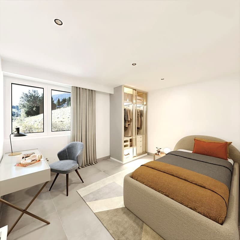 double bed, round table, chair, wardrobe, desk, lamp, carpet, large window with landscape view