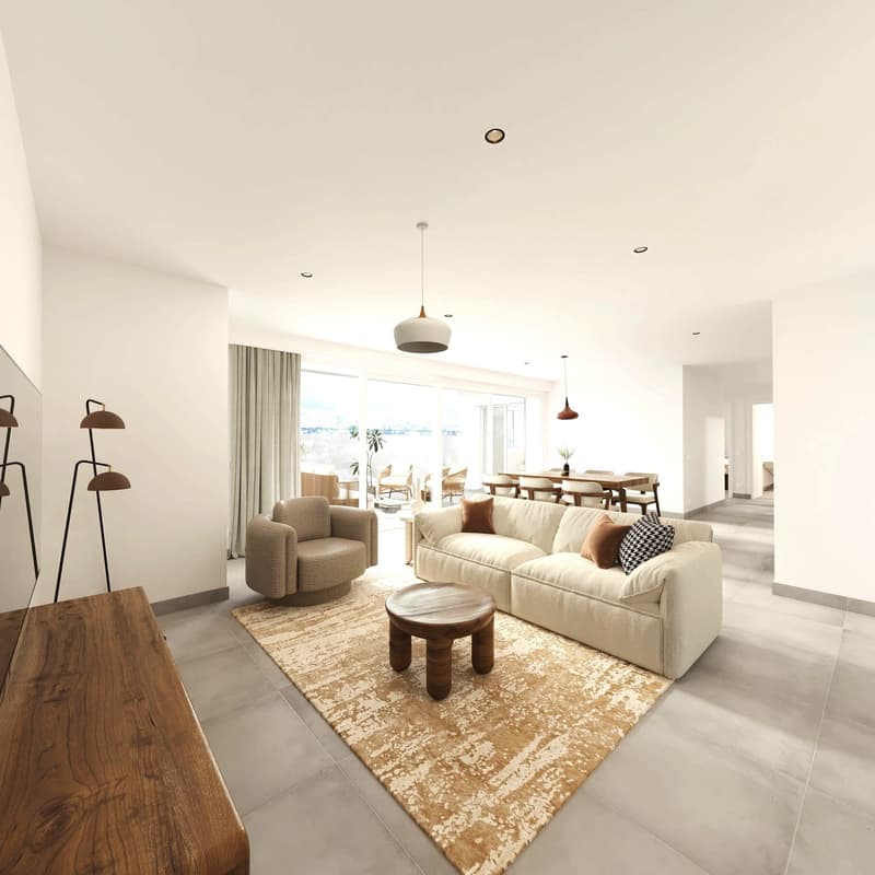 white couch, wooden table, beige carpet, two armchairs, wooden floor, large window, floor lamps, modern design
