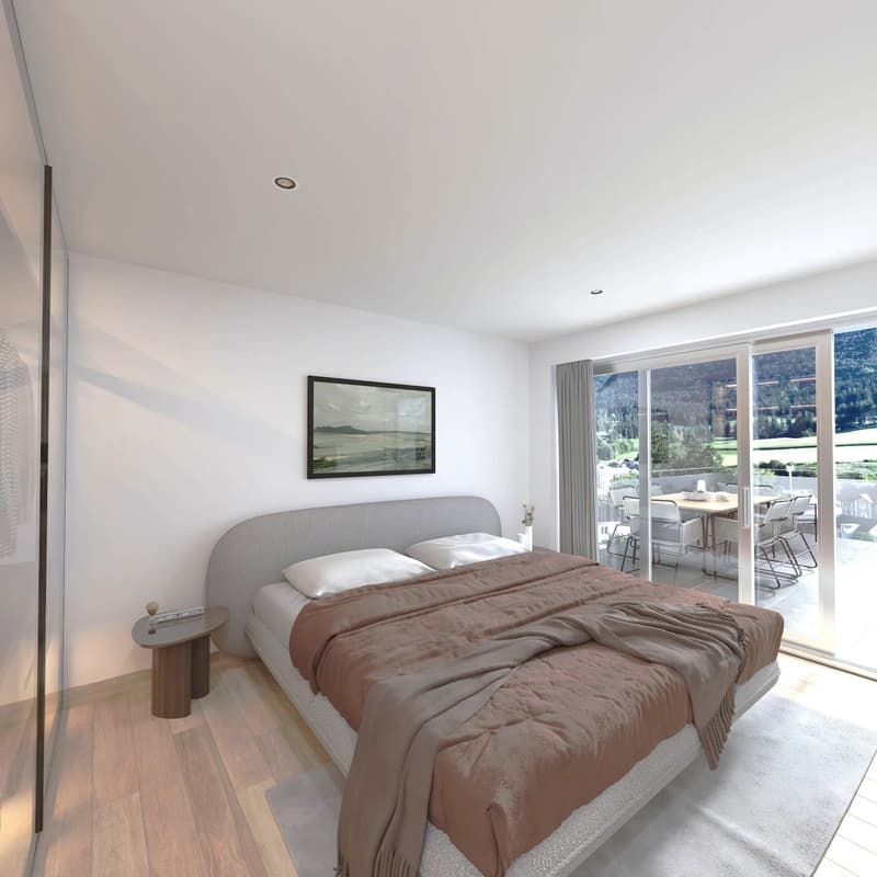Modern, minimalist bedroom with a double bed, white and brown bedding, wooden flooring, gray headboard, nightstand with glass top, picture frame on wall, glass sliding door to a balcony with a dining table, white walls, ceiling lights, and a breathtaking