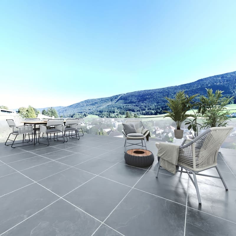 tiled floor, outdoor dining table with chairs, potted plants, railings, view of valley and mountains
