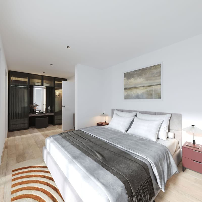 Master bedroom with large bed, nightstands, a bedside lamp, walk-in closet, a table, mirror, artwork on wall