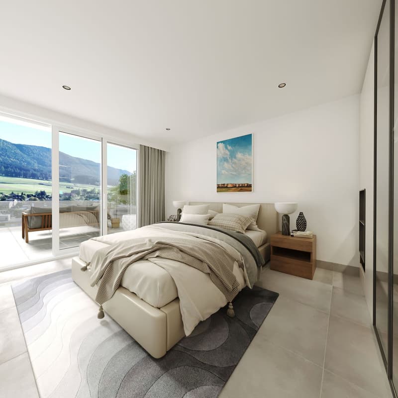 ample white bed, pillow, blankets, nightstand with lamps, rug, artwork, sliding glass doors to balcony