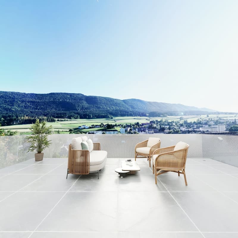 outdoor terrace with a couch, chairs, tables, and plants