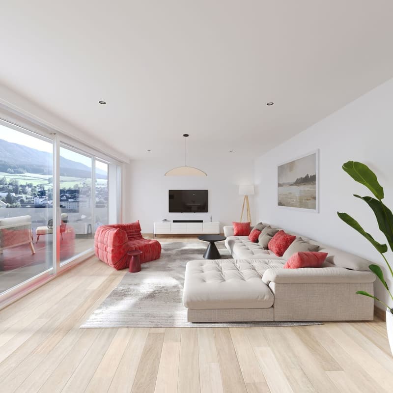 Large windows, modern couch, red armchair, glass table, modern TV, artwork, white potted plant