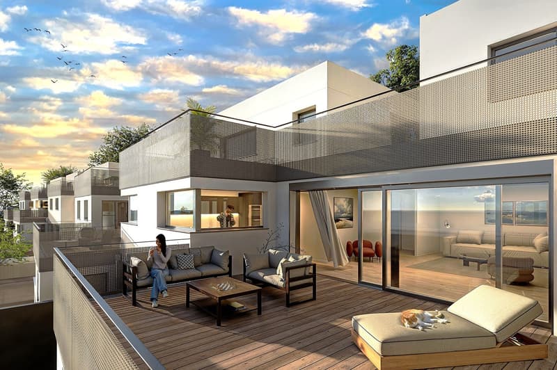 Open terrace, wooden floor, modern furniture, large windows, balcony with a view of a sea landscape