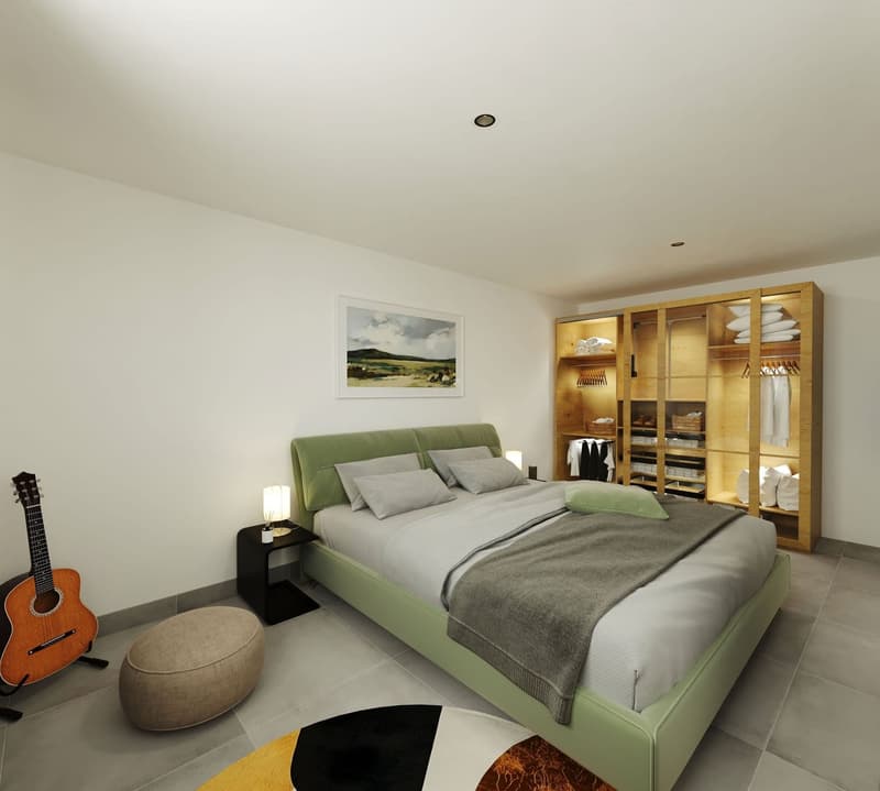 double bed, nightstand, pillow, blanket, guitar, carpet, closet