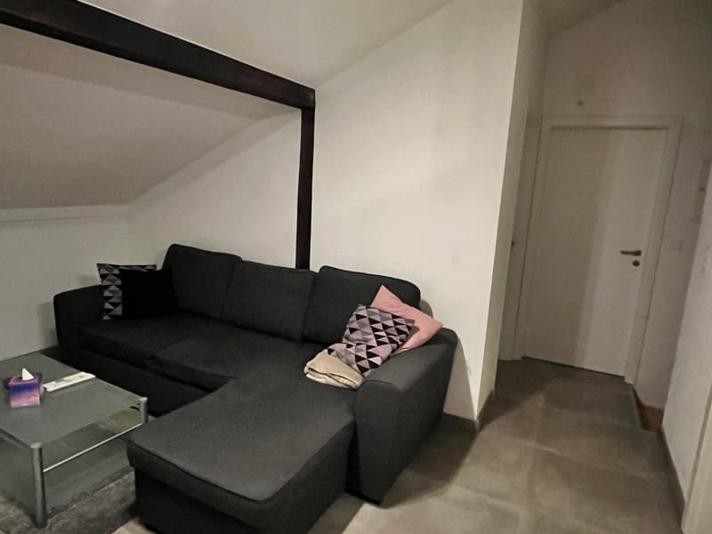 black L-shaped sofa, pillows, glass table, carpet, white walls, mirror, door