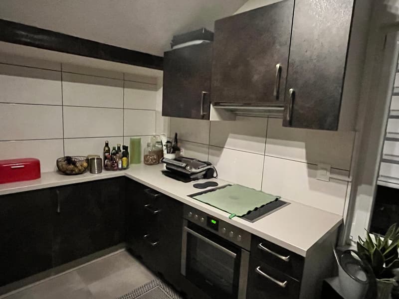 modern kitchen with white cabinets, stove, countertop, appliances, sink, potted plants
