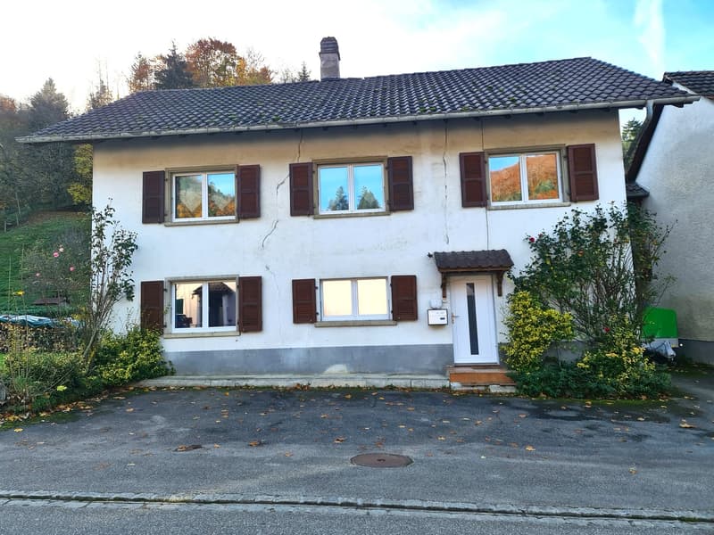 2 story house, white paint, brown shutters, driveway, trees in background