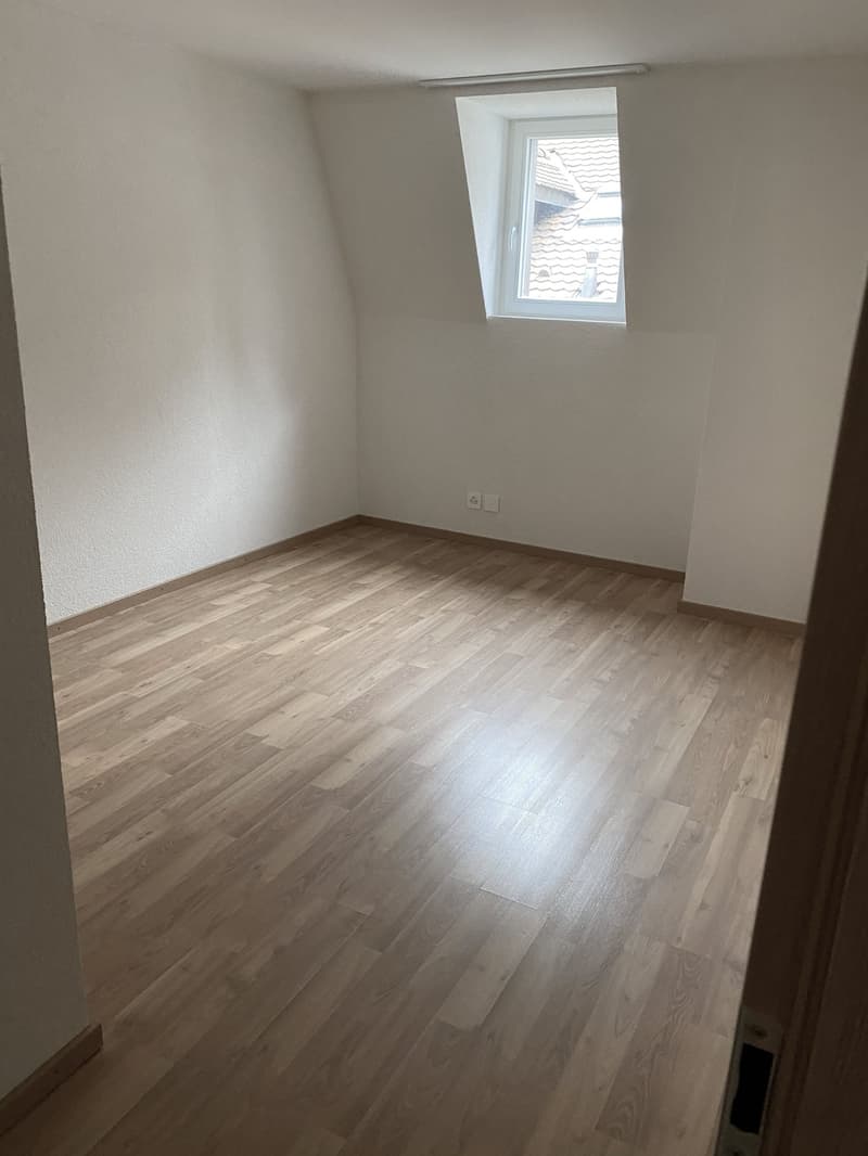 empty room with wooden floor, white walls, and a skylight window