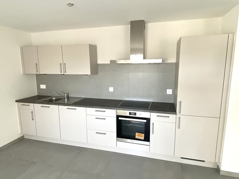 modern white kitchen with countertop, built-in oven, sink, cabinets, extractor hood