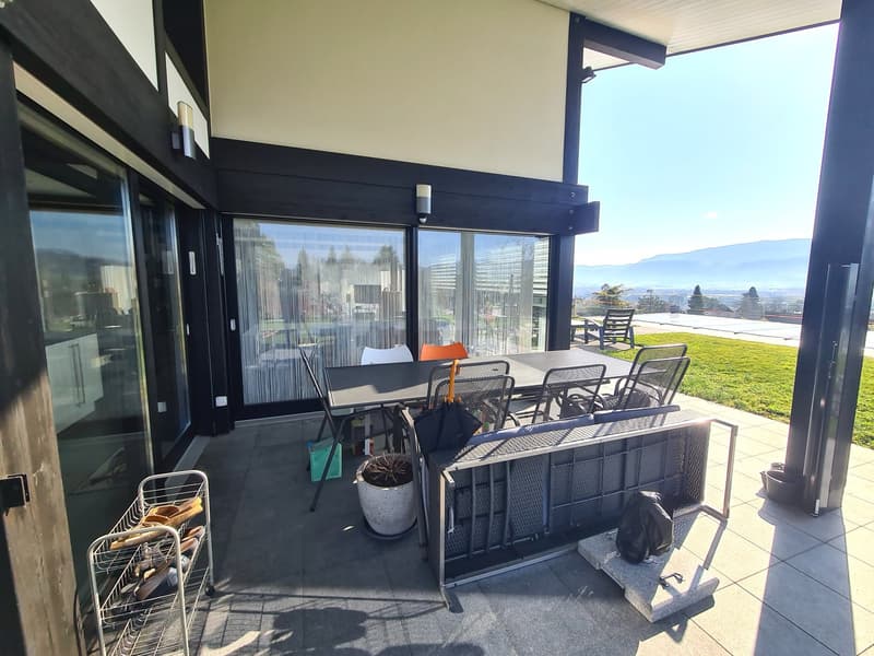 Outdoor dining table with chairs, metal sofa, umbrellas, potted plant, tiled flooring, garden view