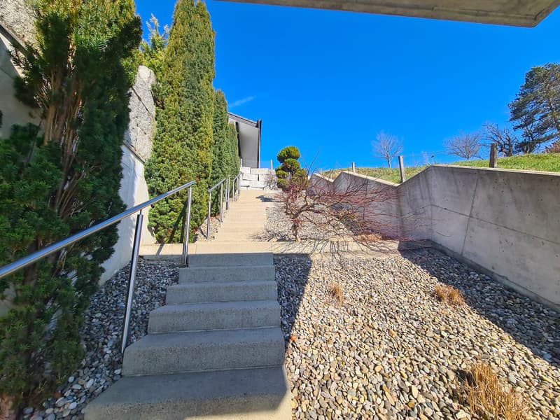 concrete exterior, staircase with metal railings, gravel on ground, several shrubs, concrete wall, clear blue sky