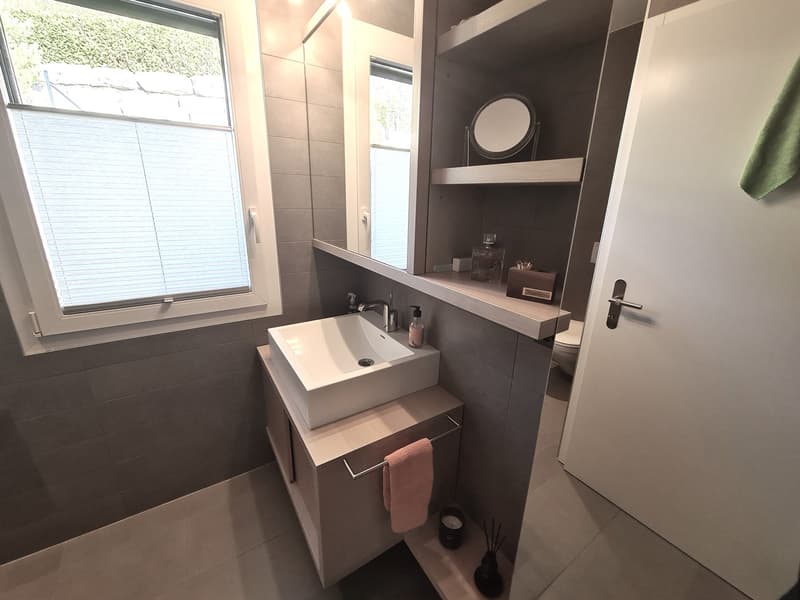 Sink, faucet, mirror, window, shelves, towel rack, toilet, shower
