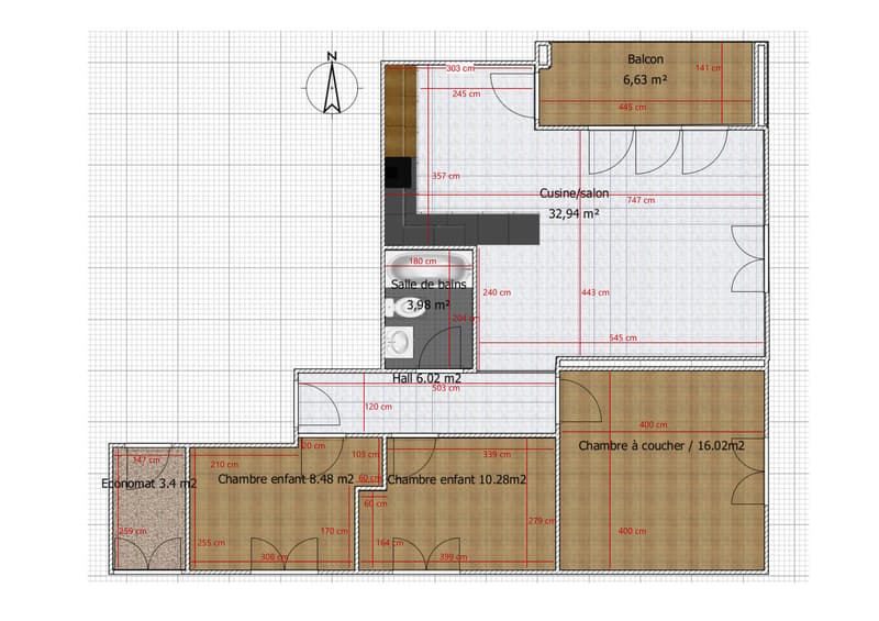 Balcony, kitchen/living room, bathroom, bedroom, hallway, children's room, sleeping area