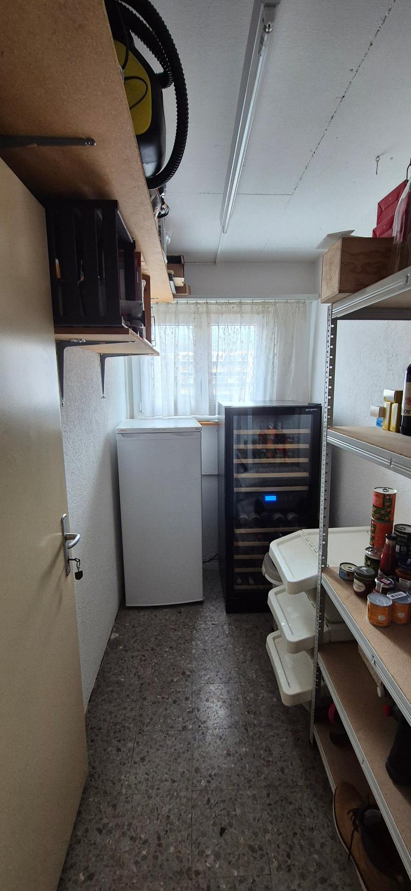 Small room with a fridge, wine cooler, and shelves with various items