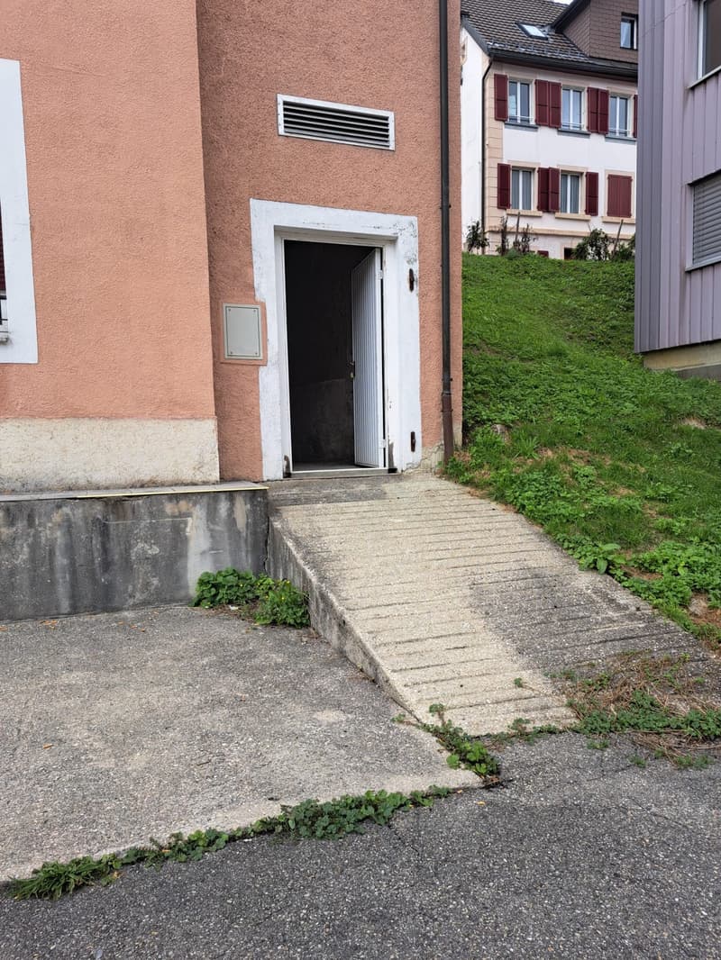 Building with raised ground floor, grey concrete pathway, pink painted wall