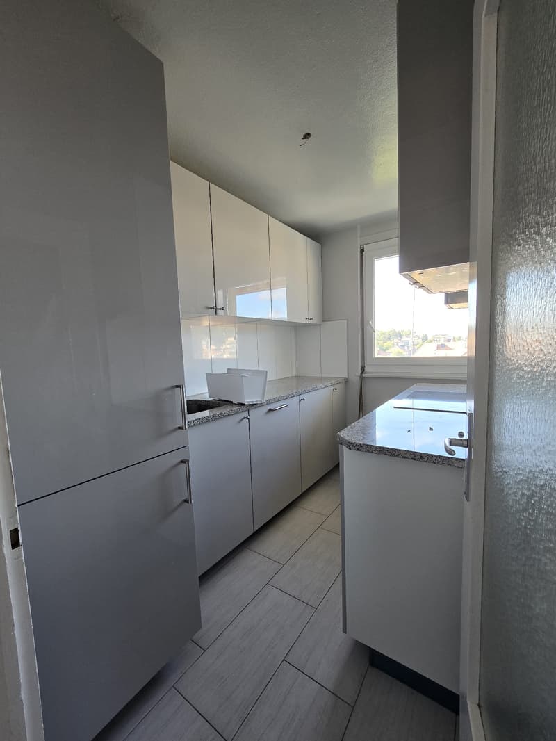 modern kitchen, gray appliances, white cabinets, granite countertop, window, bright lighting