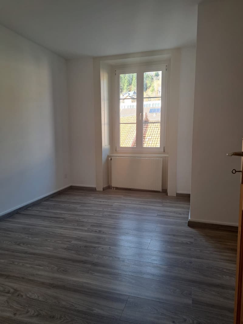 empty room, hardwood floor, white walls, large window, radiator