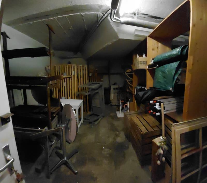 Storage room with wooden shelves, plastic containers, wooden desk, metal chair, wooden gate, equipment on the floor.