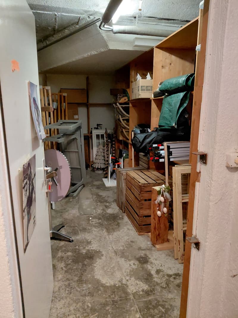 A storage room with various items such as wooden boxes, shelves, a grey treadmill, a ladder, and a Christmas tree. There are posters on the wall and lamps mounted on the ceiling.