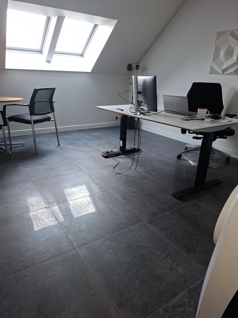 office room with desk, two chairs, laptops, a cup, a potted plant, grey tiles floor, ceiling lamp