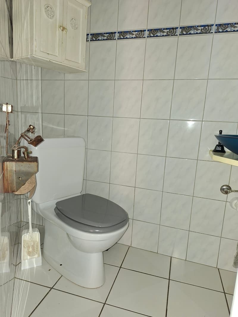A toilet, a white tiled wall, a white tiled floor, a shelf with a bowl, a tissue roll, a water supply system