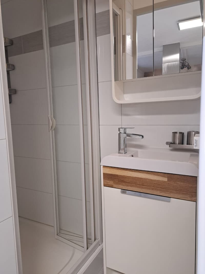 Modern shower enclosure, sink, mirror, white tiles, silver faucet, wooden cabinet