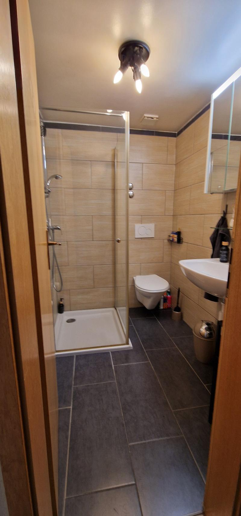 Bathroom with shower, toilet, sink, and tiled floor.