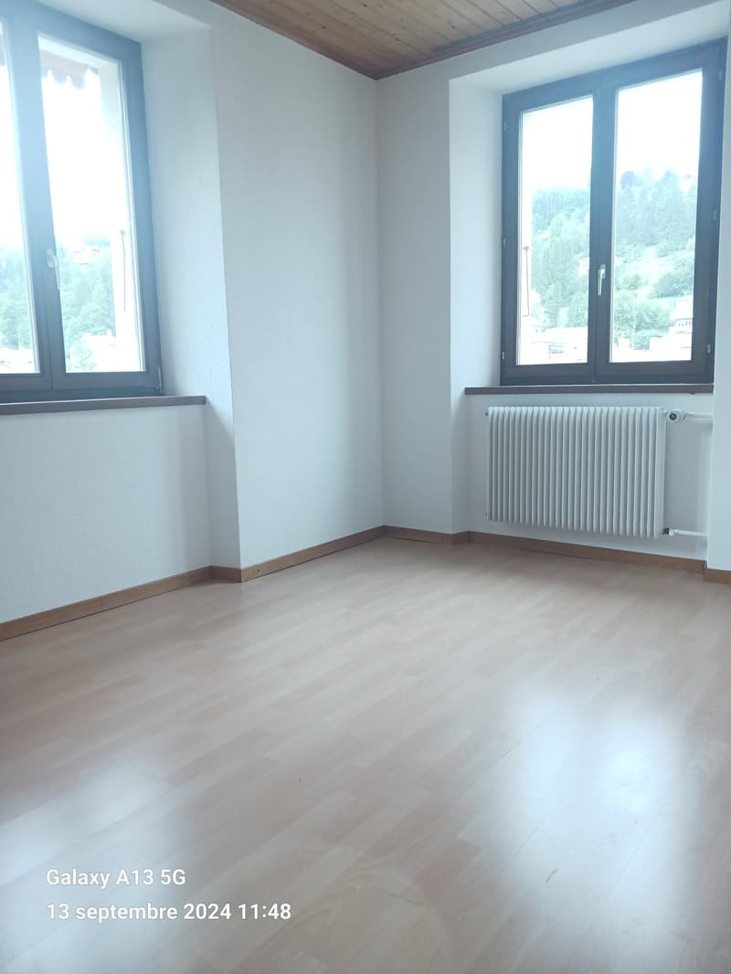 empty room, wooden floor, white walls, two windows, white radiator