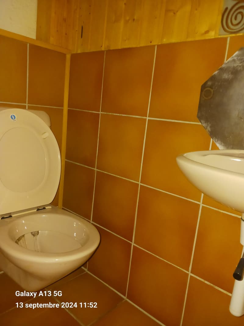A small bathroom with a toilet and a sink, both white, and orange tiles on the walls.