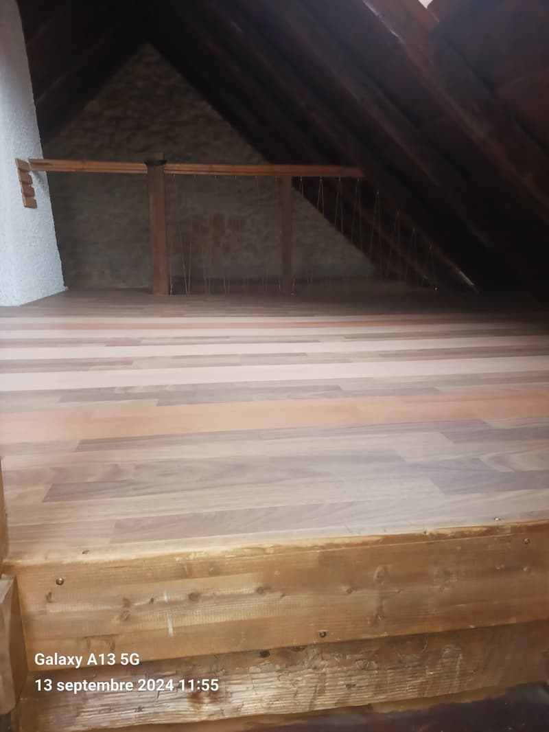 wooden floor, wooden railing, wooden beams