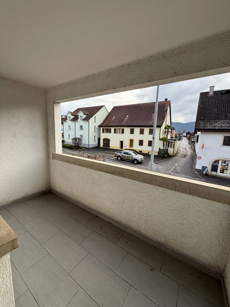empty room, balcony, tiled floor, large window