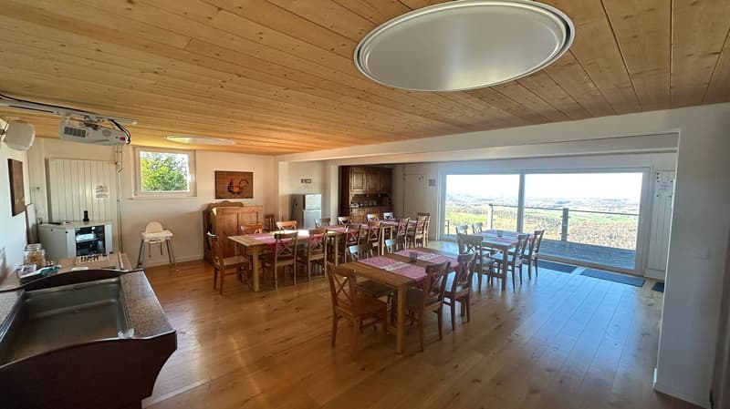 wooden floor, dining tables, chairs, window, projector