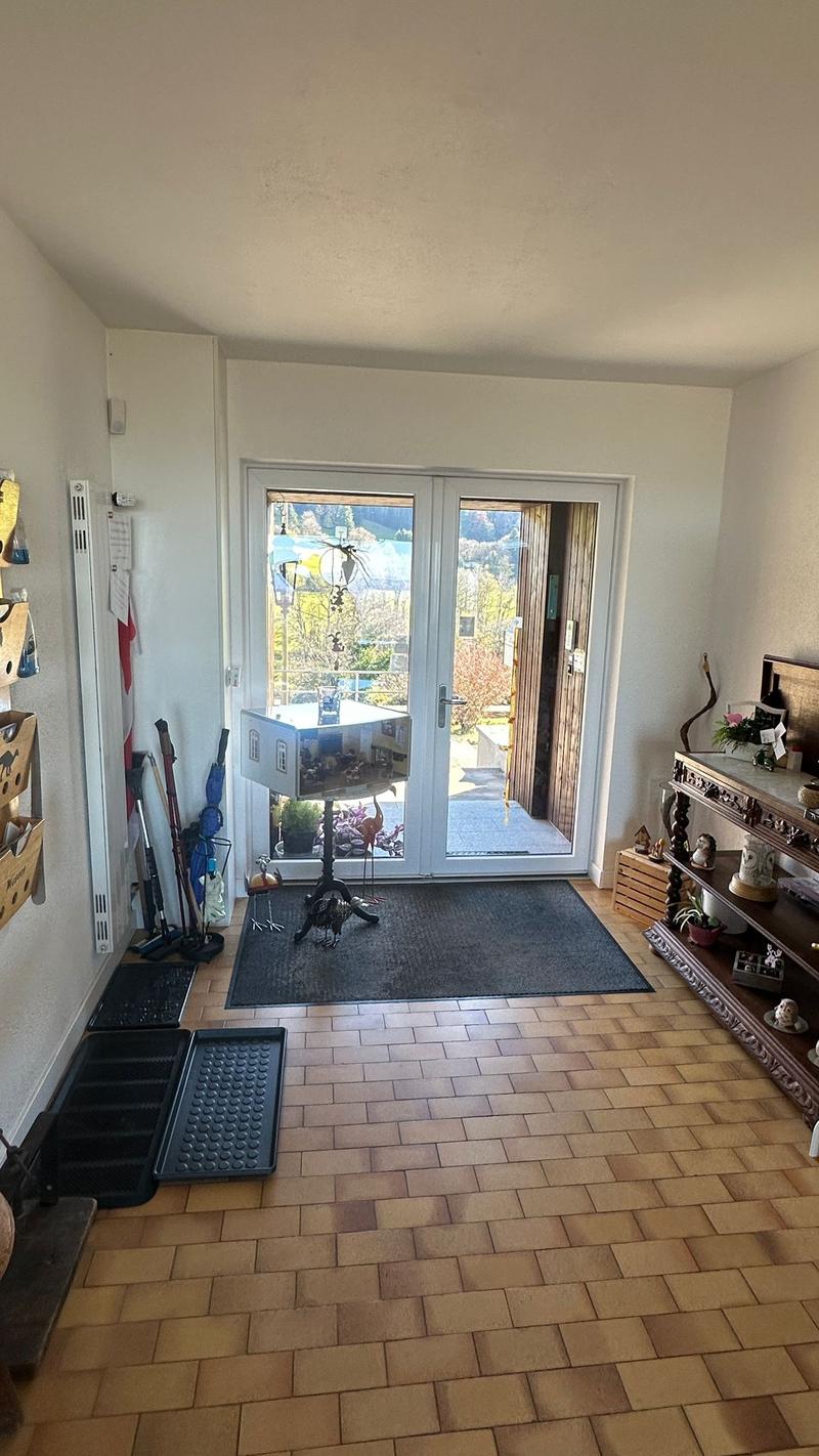 entryway, sliding glass doors leading to balcony, hardwood floor, large windows, wooden shelves, entrance mats