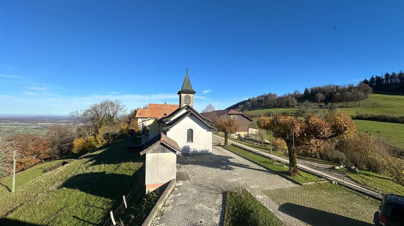 House with a red roof and a tower, located on a hill, with a paved driveway, green grass, and a view of the countryside and mountains.