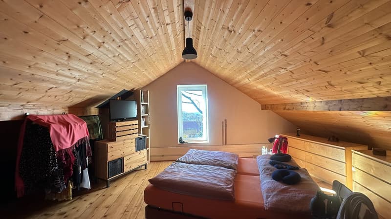 wooden floor, sloping ceiling, double bed, wardrobe, shelves, TV