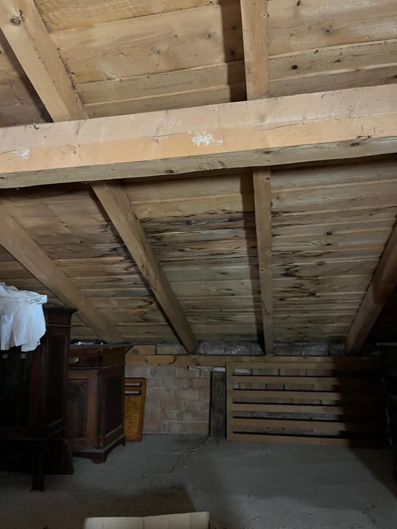 attic room with wooden ceiling and floor, brick wall, storage area