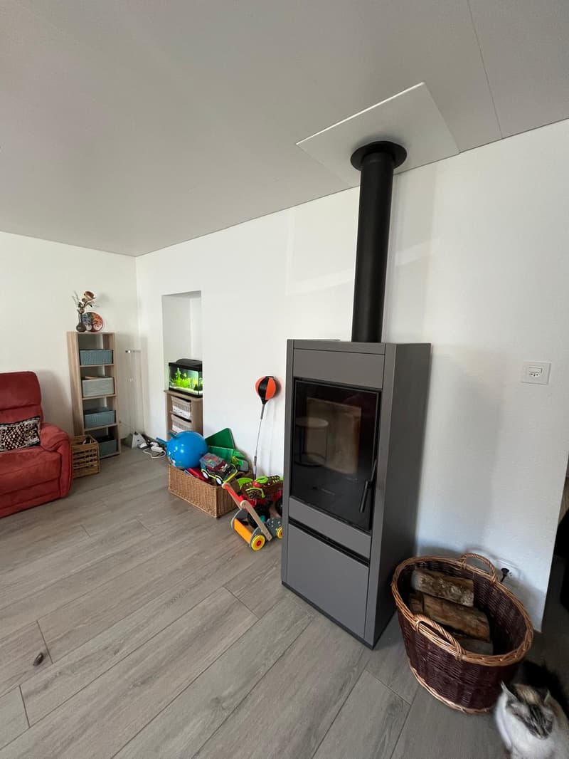gray fireplace, white walls, wooden floor, toys on the floor
