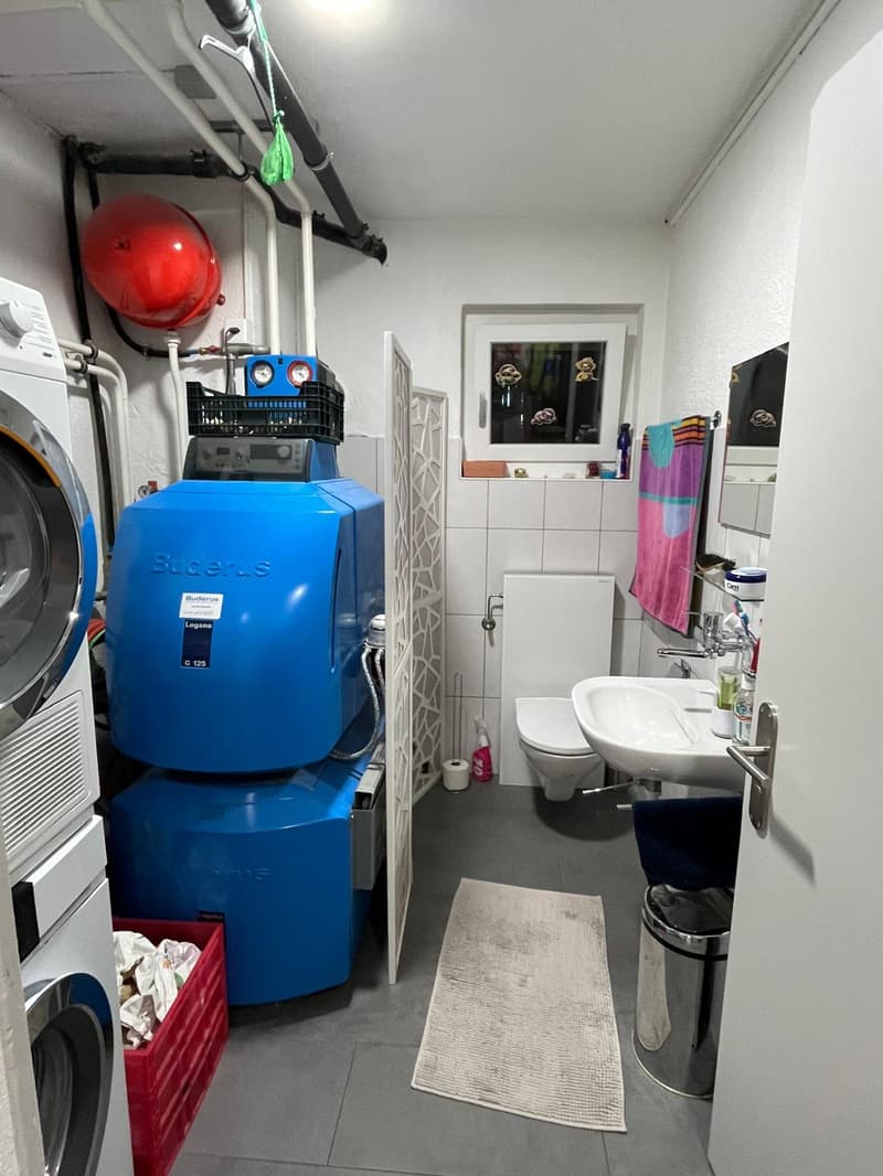 washing machine, dishwasher, laundry basket, sink, toilet, floor heating unit, pipes, white tiled wall